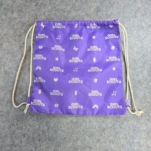 Girl Scouts Drawstring Backpack Cinch Sack Purple White Text Hearts Stars Music
